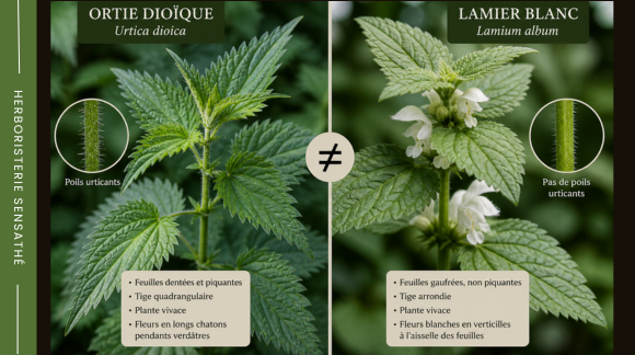 Différence entre ortie dioïque et lamier blanc avec feuilles, tiges et absence de poils urticants - Herboristerie Sensathé Différence entre ortie dioïque et lamier blanc avec feuilles, tiges et absence de poils urticants - Herboristerie Sensathé